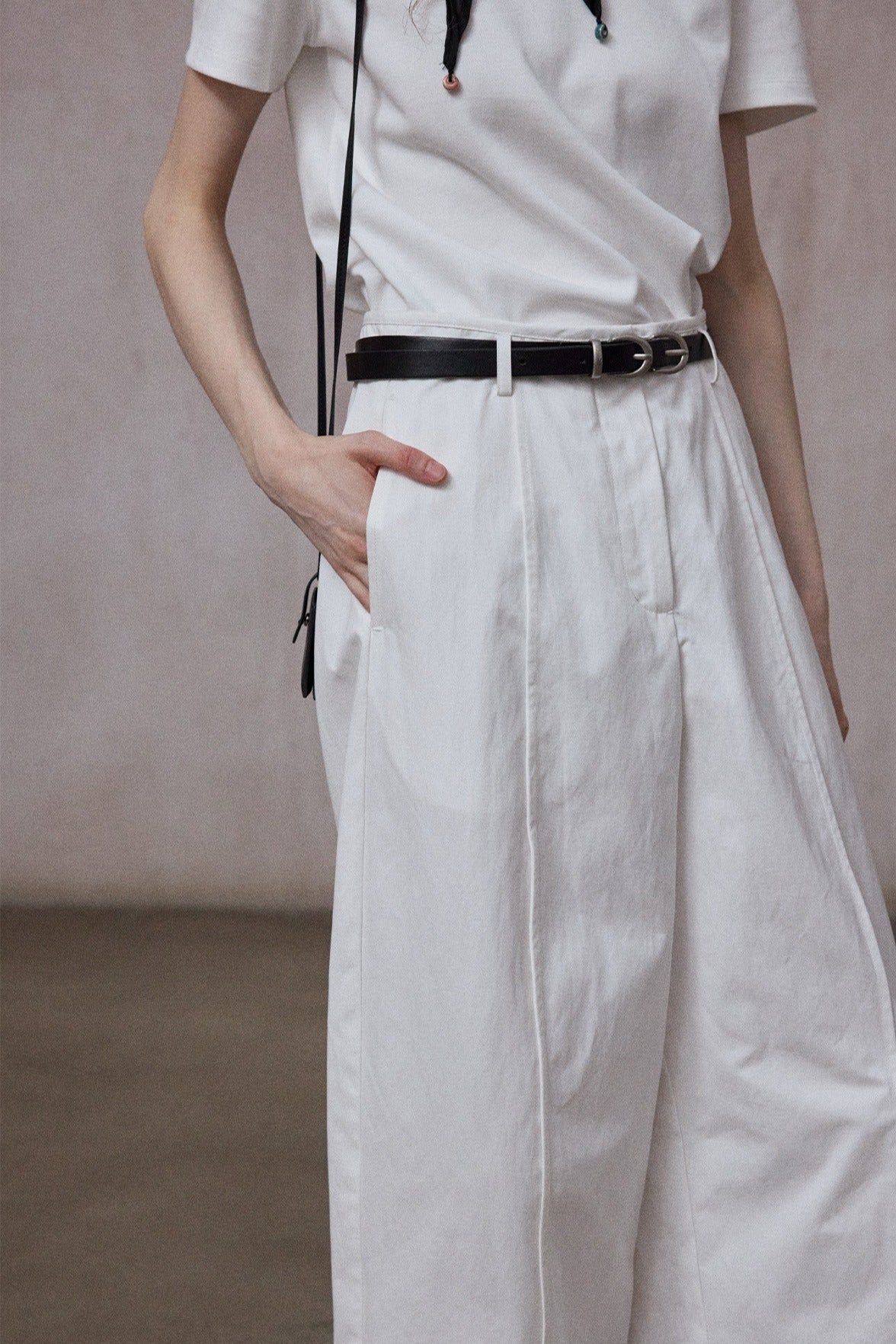 Cotton blend wide-leg slight curved pants | 4 color
