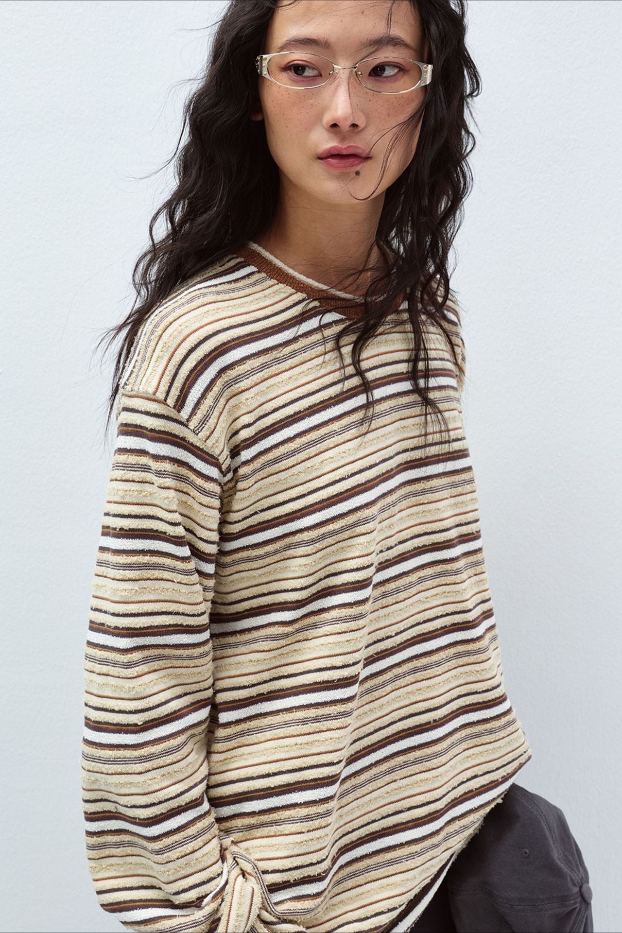 Cotton blend velvet-texture striped T-shirt | 5 color