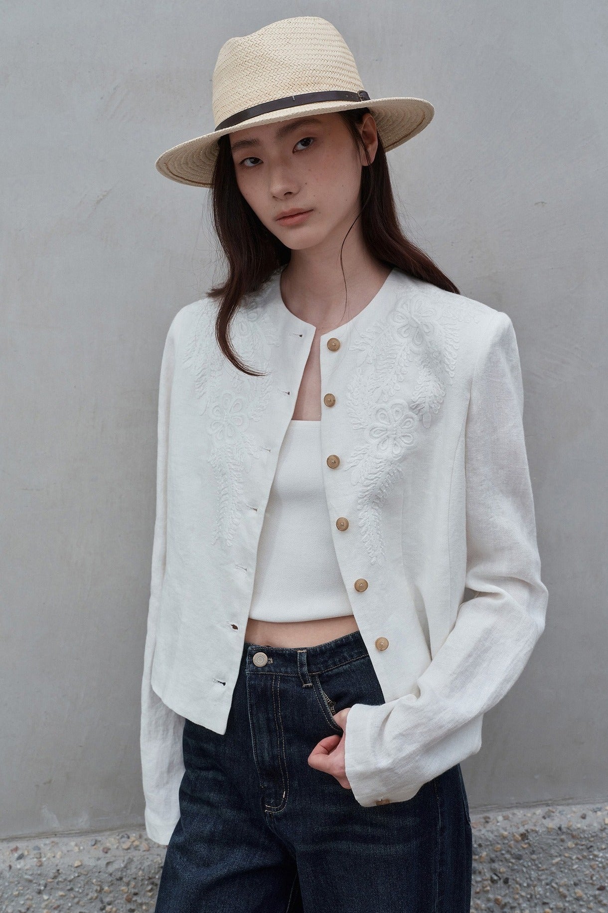 100% linen embroidery cropped jacket | 3 color