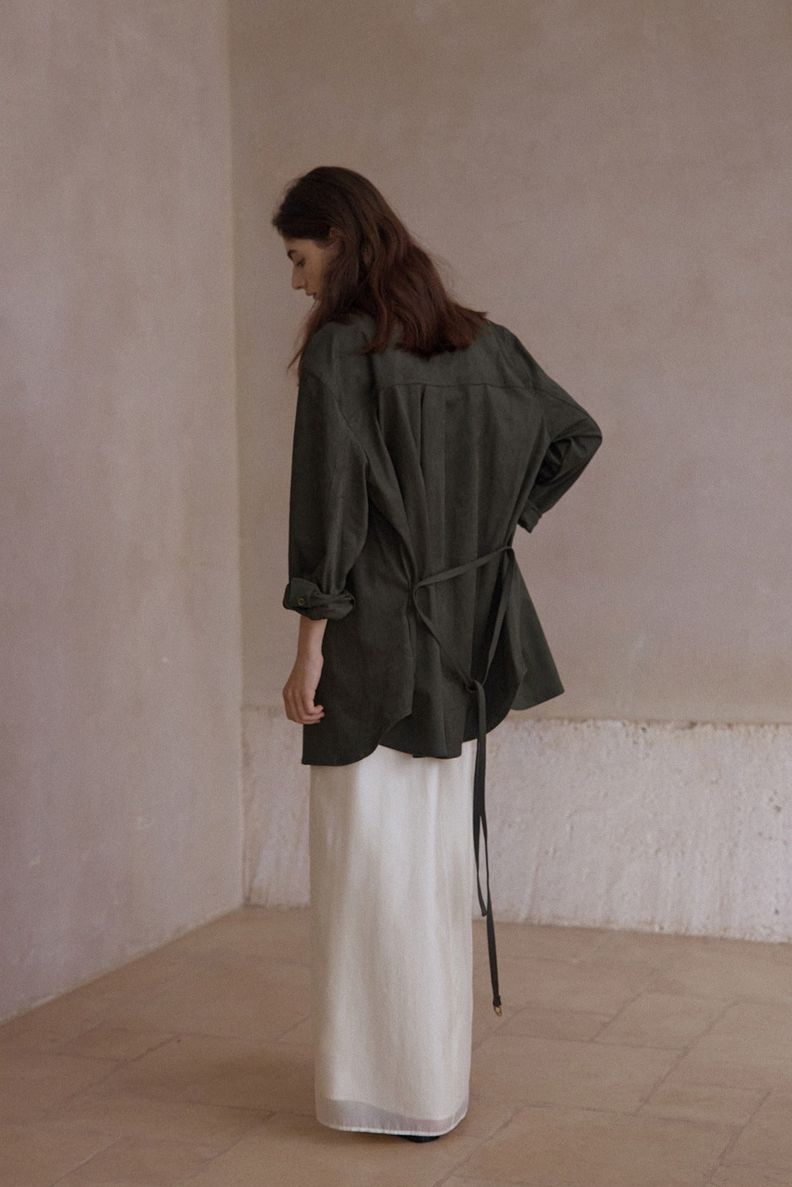 Elastic mid-length suede feel drawstring waist shirt-jacket | 3 color