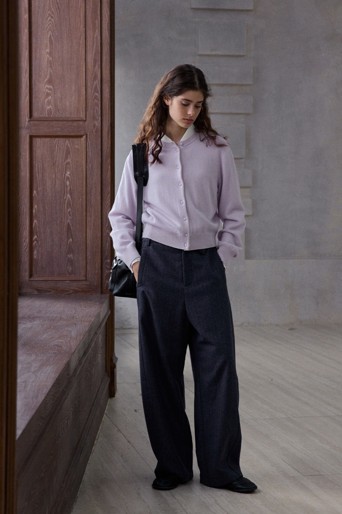 Wool blend herringbone texture loose fit casual pants | 2 color