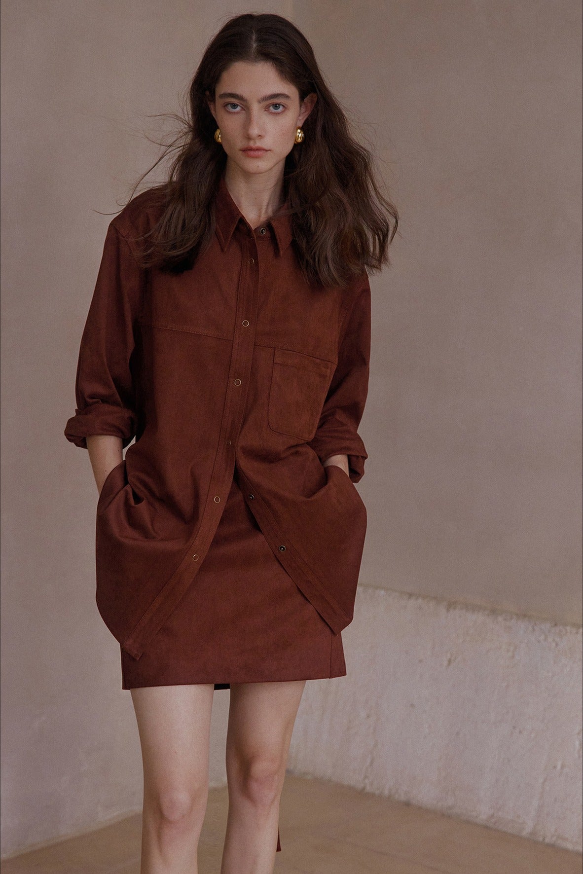 Elastic mid-length suede feel drawstring waist shirt-jacket | 3 color