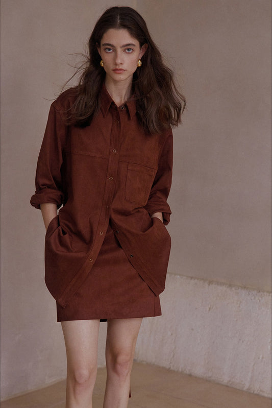 Elastic mid-length suede feel drawstring waist shirt-jacket | 3 color