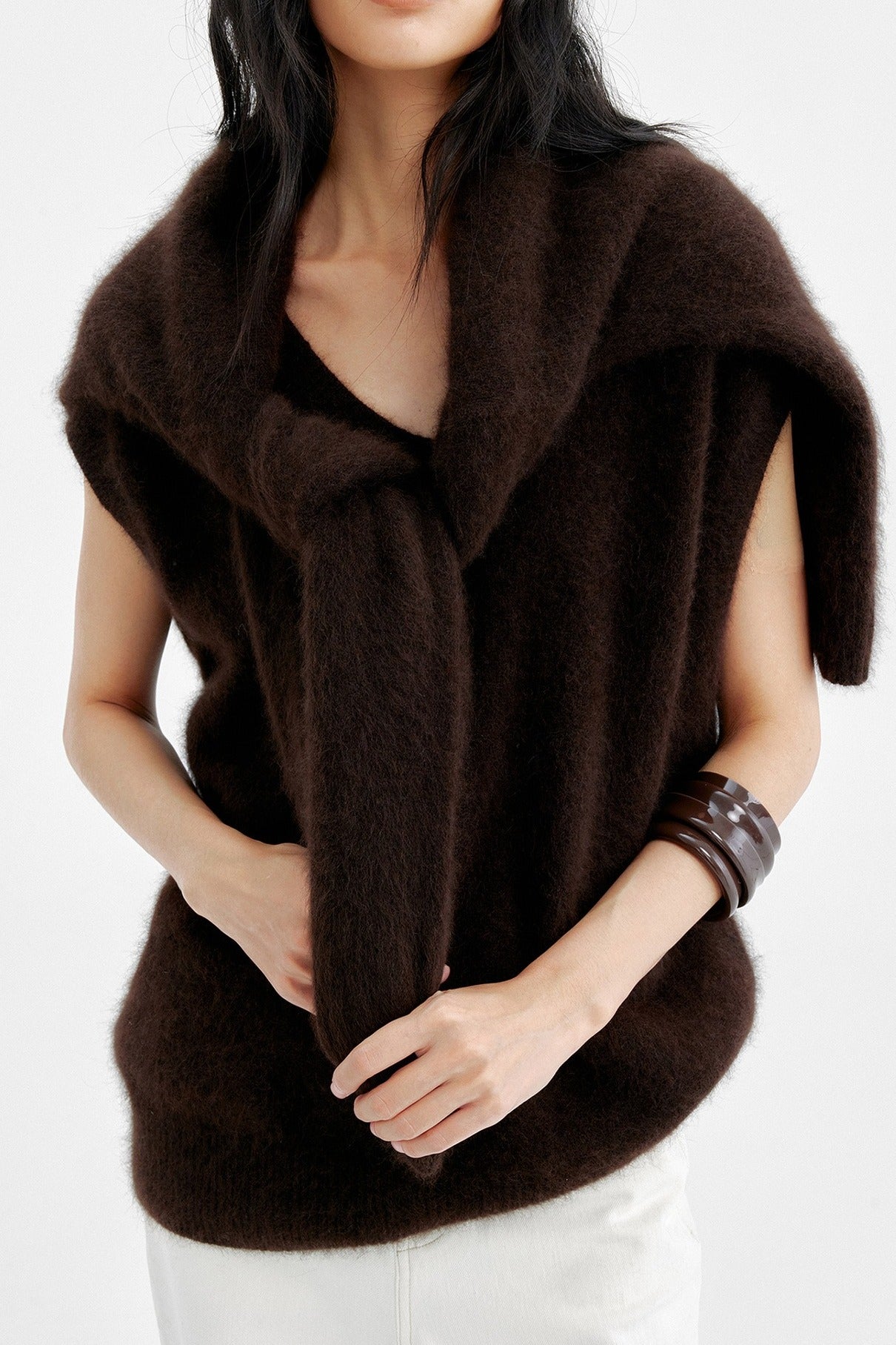 Wool blend long-hair soft V-neck vest | 3 color