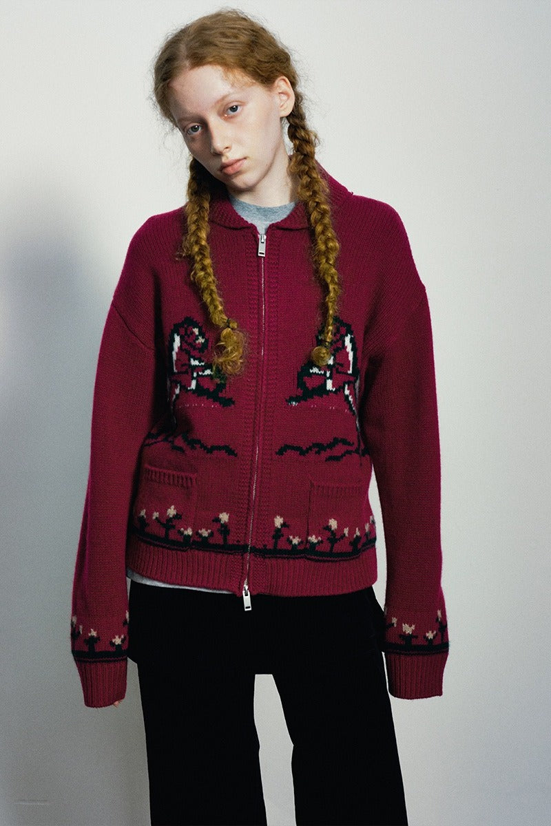 100% sheep wool horse jacquard zip-up cardigan | 4 color