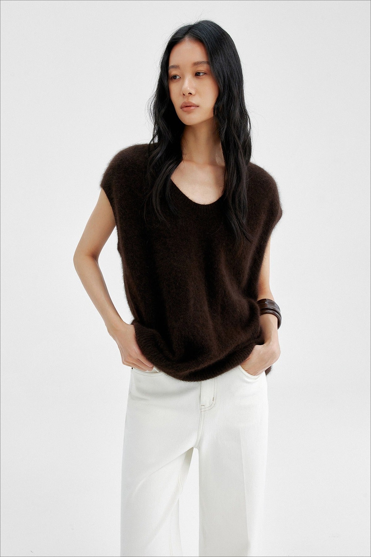 Wool blend long-hair soft V-neck vest | 3 color