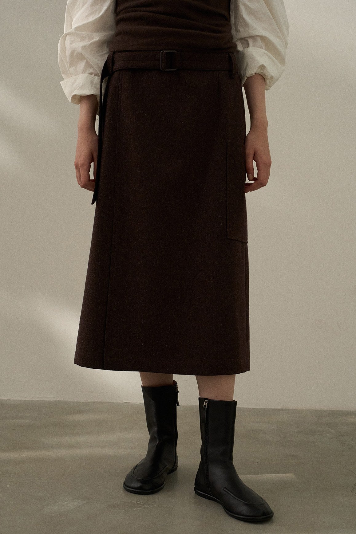 Wool blend mid-length skirt with a belt | 3 color