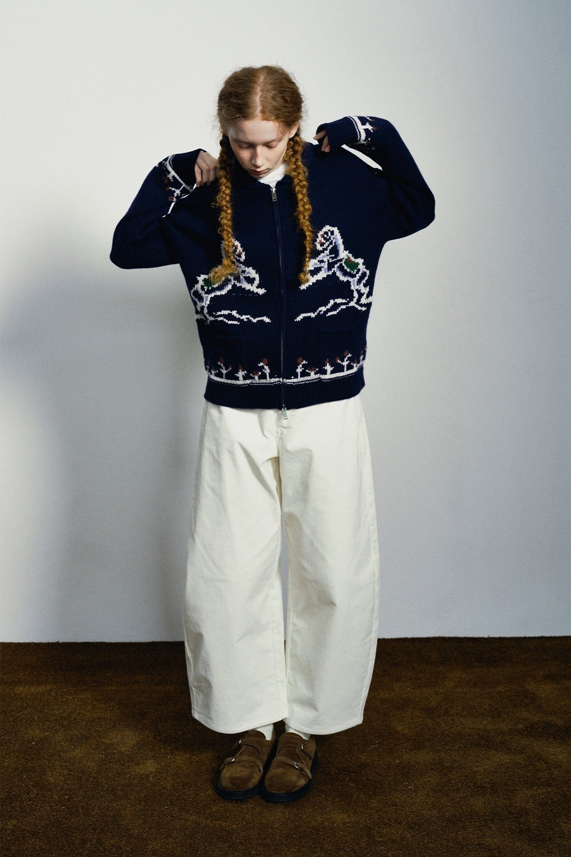 100% sheep wool horse jacquard zip-up cardigan | 4 color