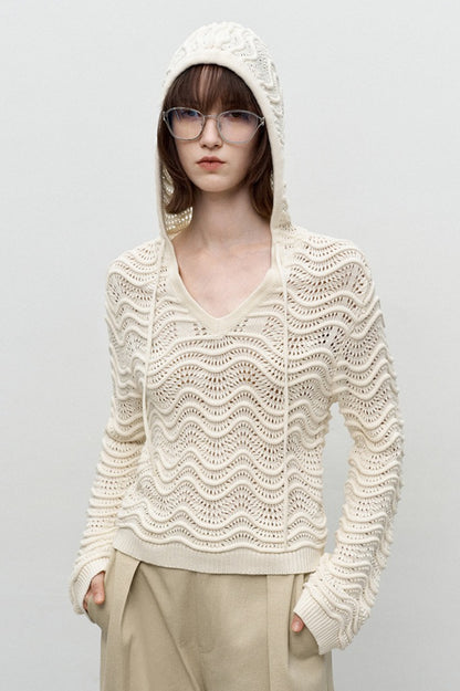 100% cotton wave-patterned hollow hooded knit sweater | 2 color