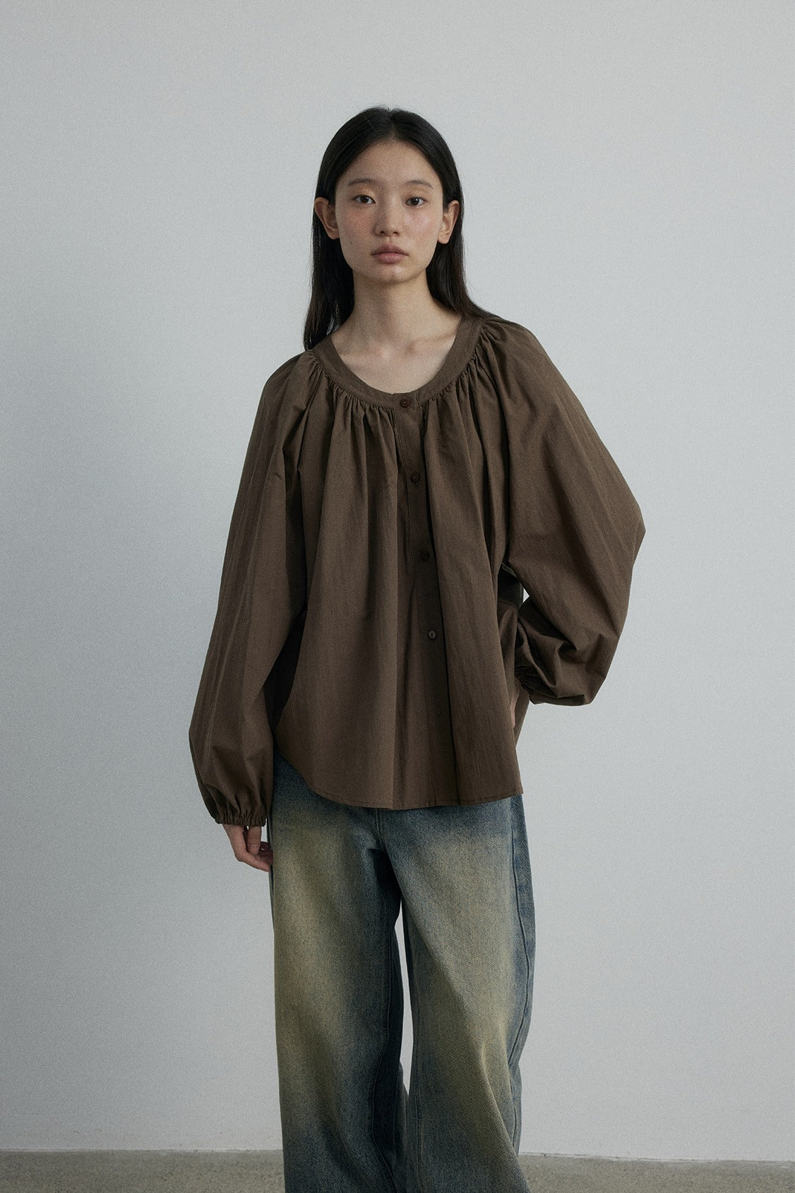 U-Neck Pleated Button-Down Long-Sleeve Shirt | 4 color