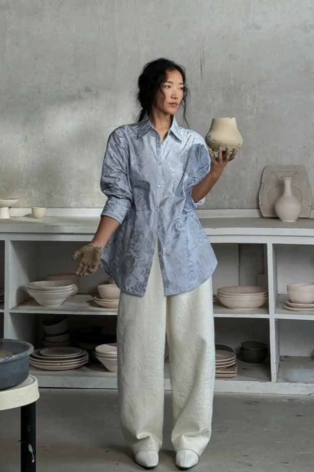 Camisa de rayas plateadas y rosas 100% algodón