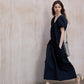 Cotton blend bubble-sleeved cocoon V-neck dress | 2 color