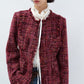 Wool blend cherry-red waisted tweed jacket