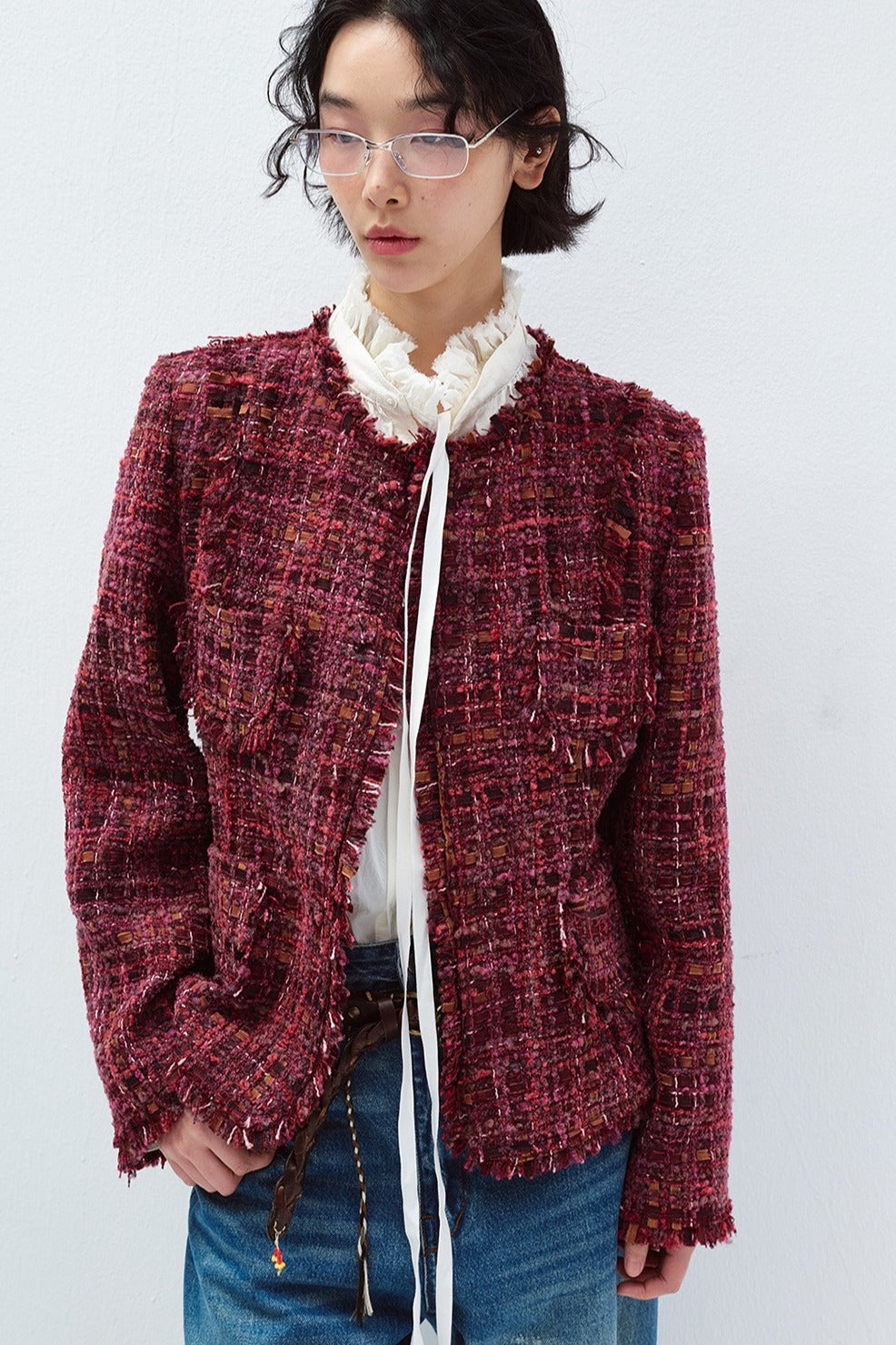 Chaqueta de tweed de mezcla de lana con cintura de color rojo cereza