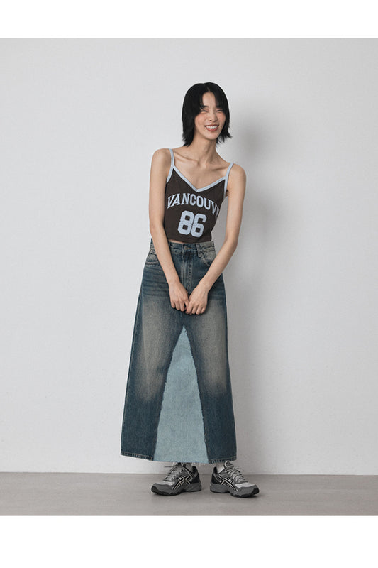 Cotton patchwork contrasting raw edge denim skirt | 2 color