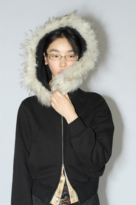 Cotton blend cropped fit faux fur collar hoodie | 2 color