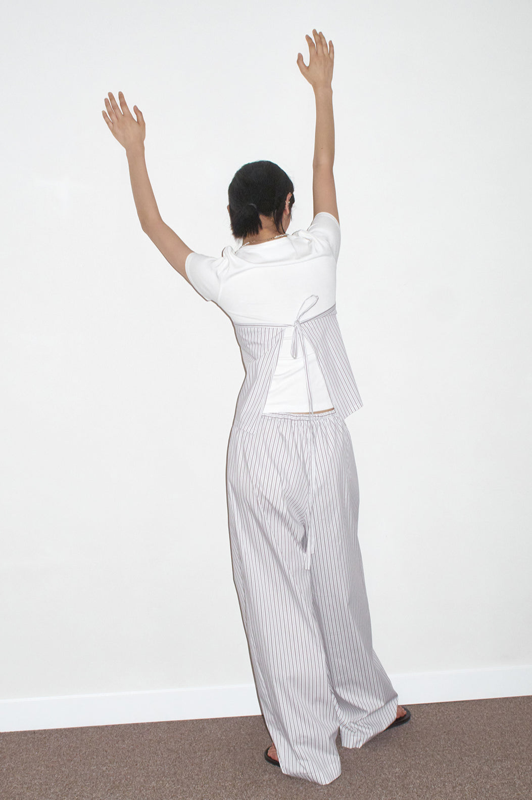 Cotton blend striped wide-leg pants with wraparound skirt