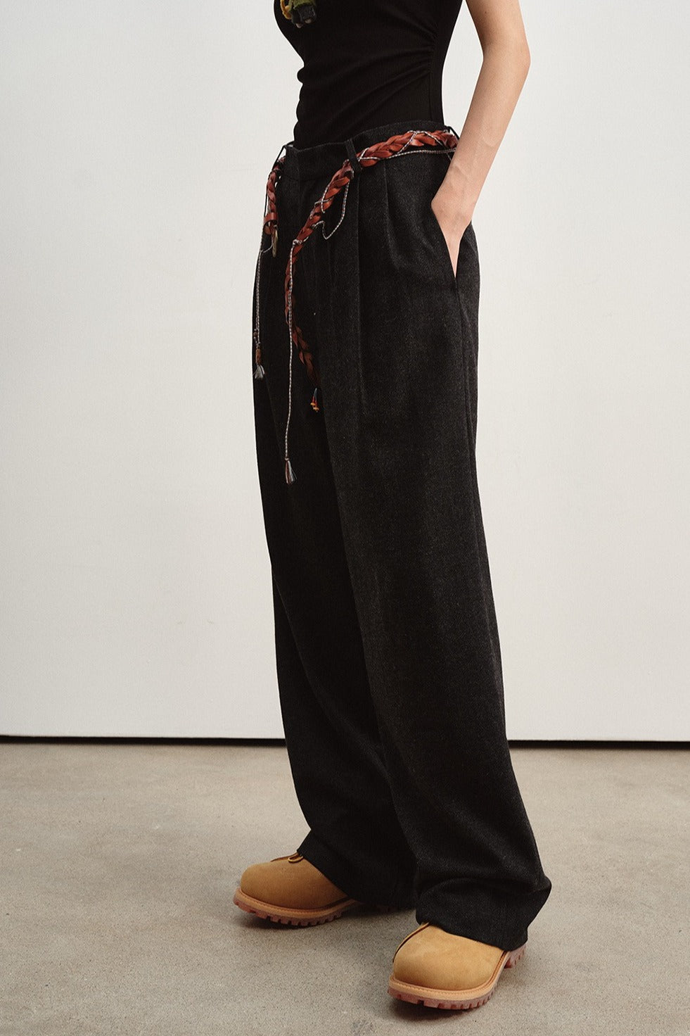 Wool blend herringbone pattern relaxed fit pants | 2 color