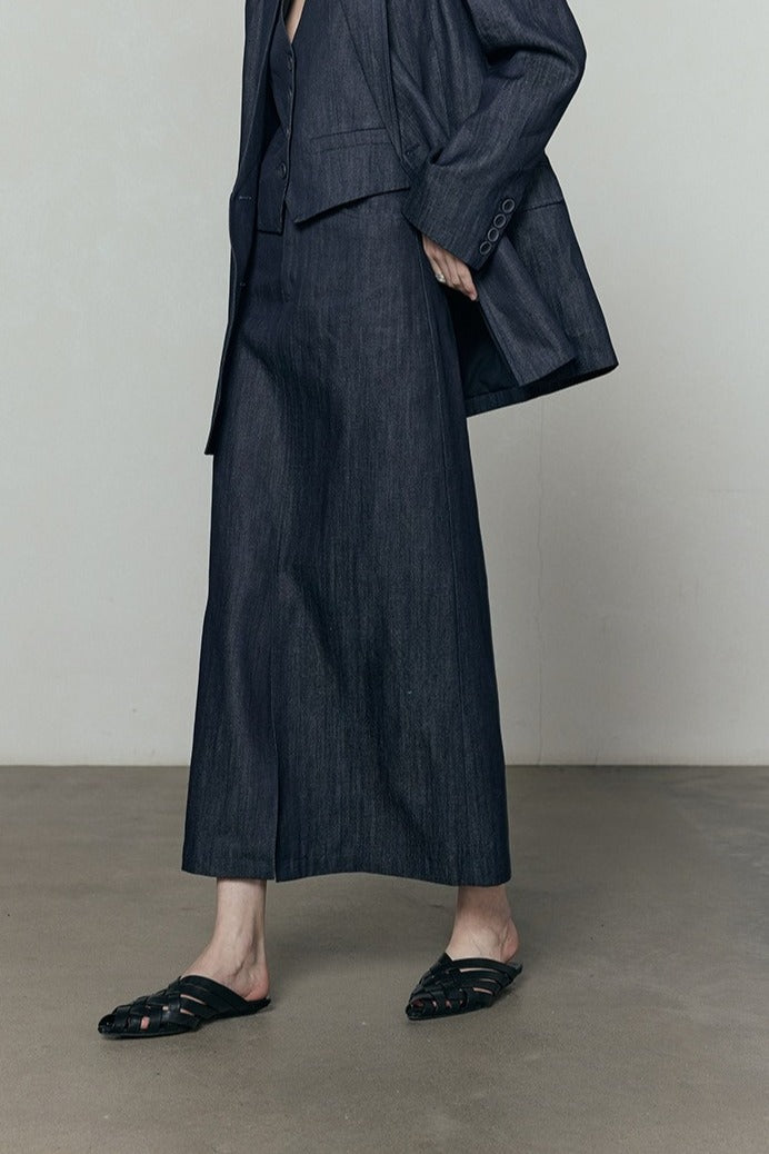 Cotton-Tencel-ramie denim midi skirt