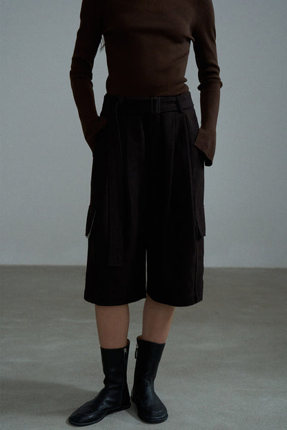 Wool blend mid-length cargo pants with belt | 2 color