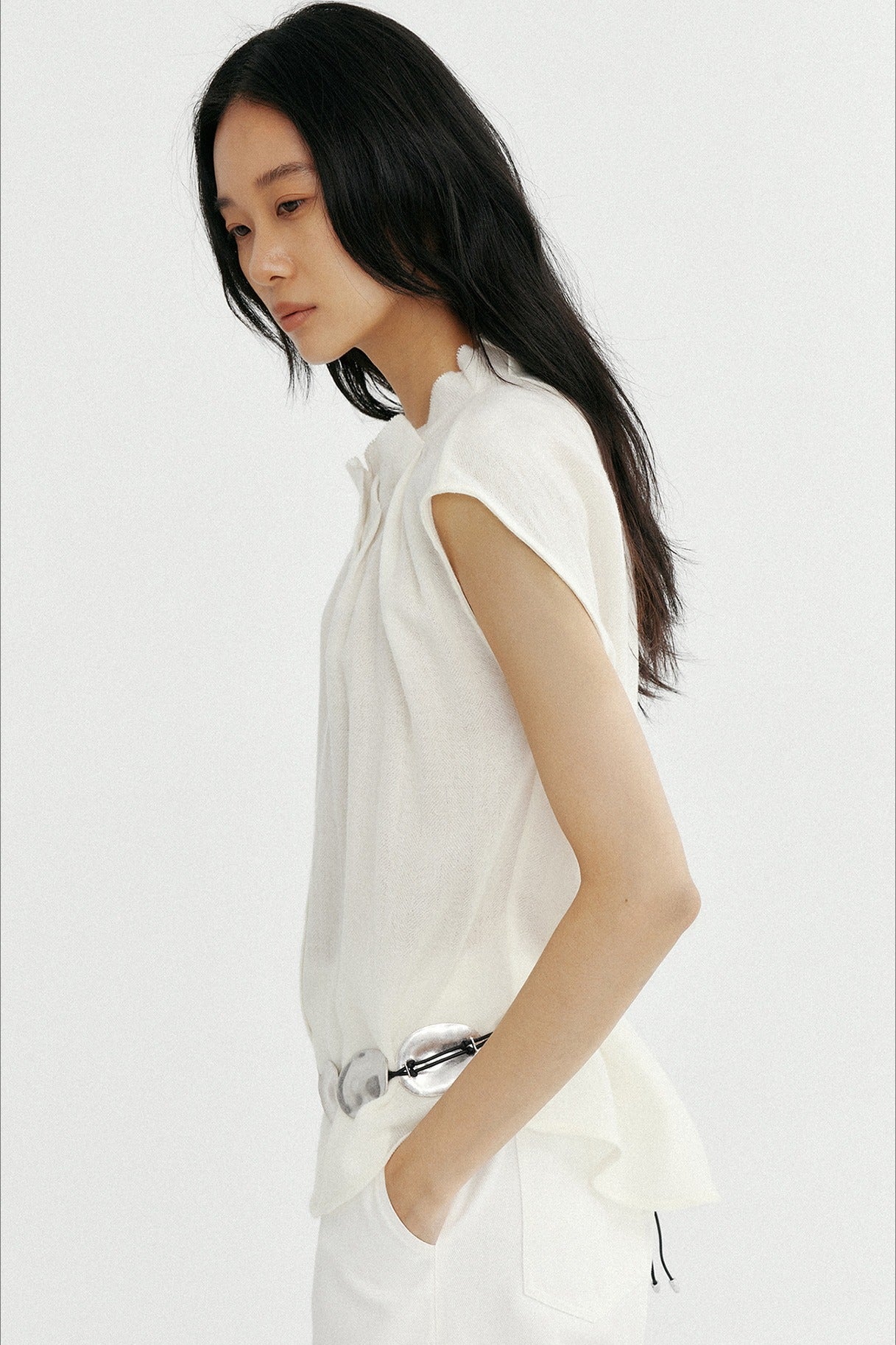 Woolen pleated collar petite fly sleeve sheer top