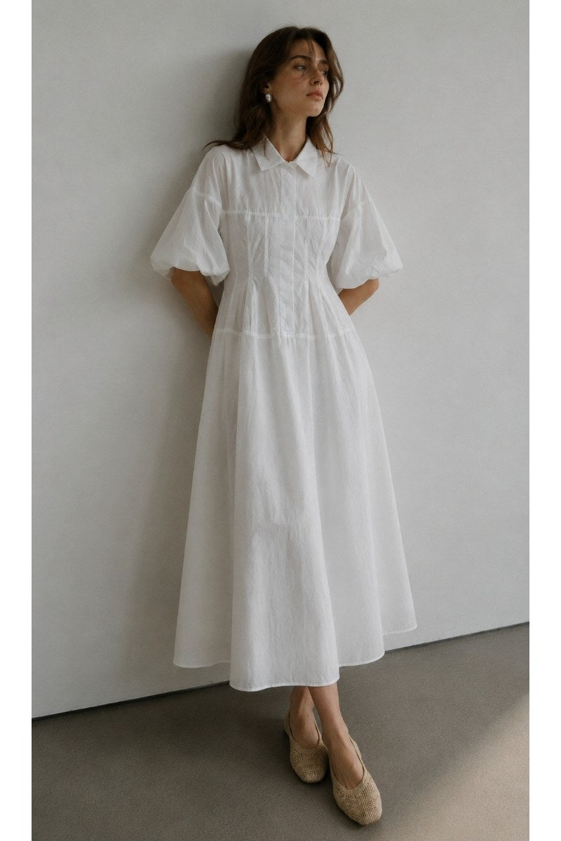 Cotton pleated waist shirt dress | 3 color