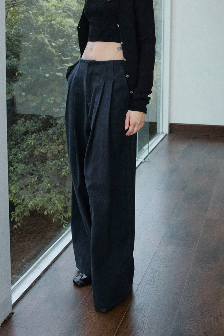 Cotton blend pleated waist casual wide leg pants | 3 color