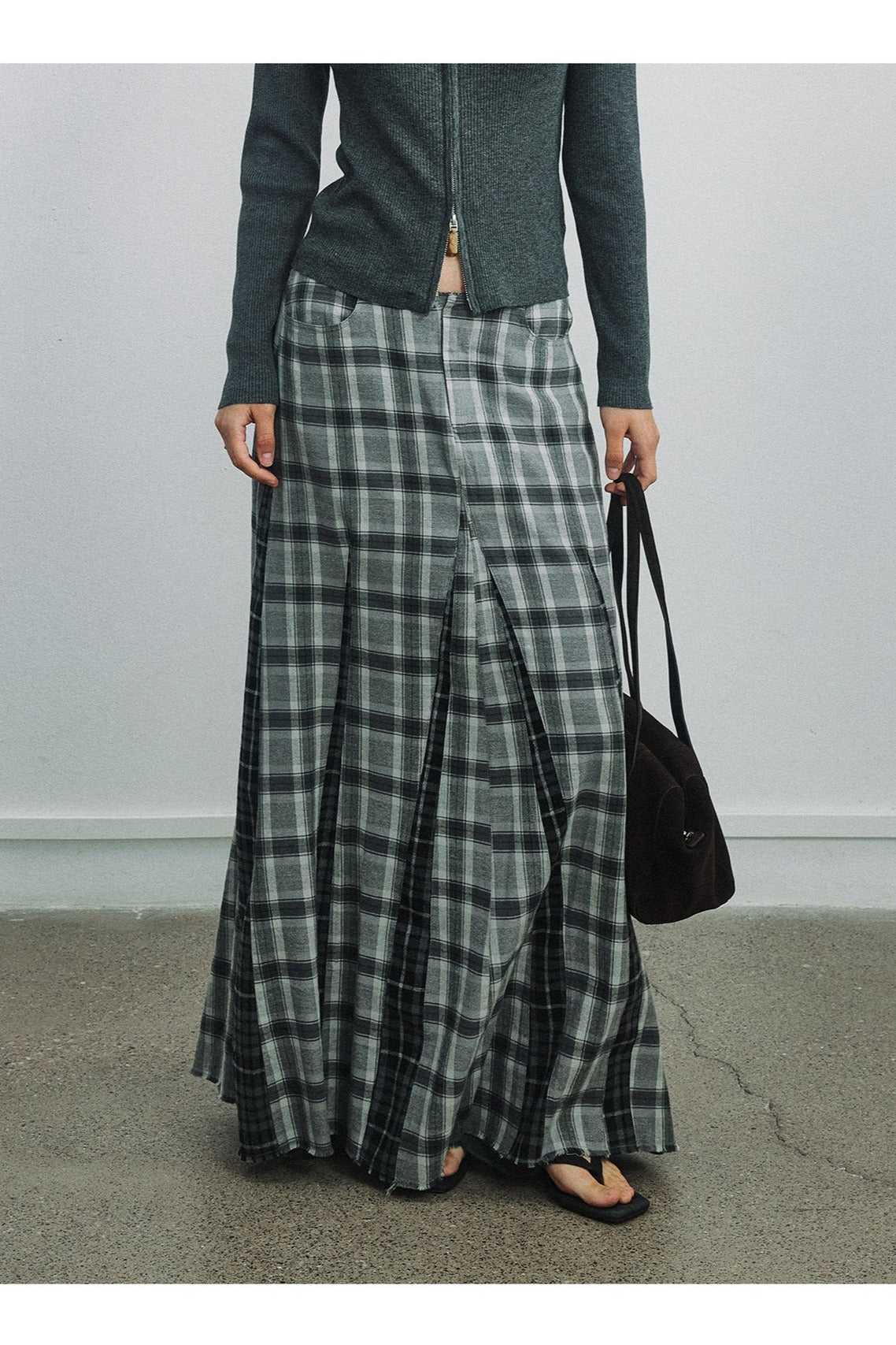 Check patchwork raw edge skirt | 2 color