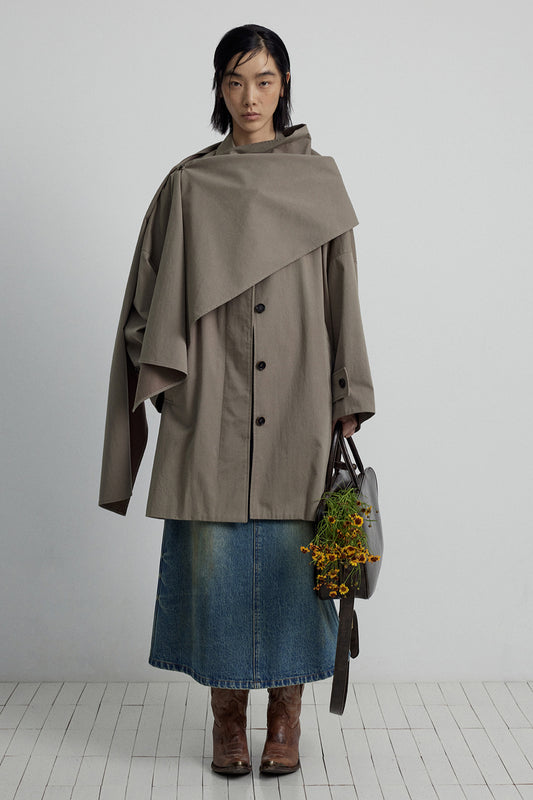 Cotton blend mid-length trench coat with a scarf | 2 color