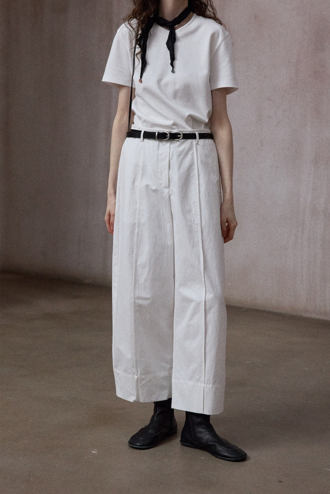 Cotton blend wide-leg slight curved pants | 4 color