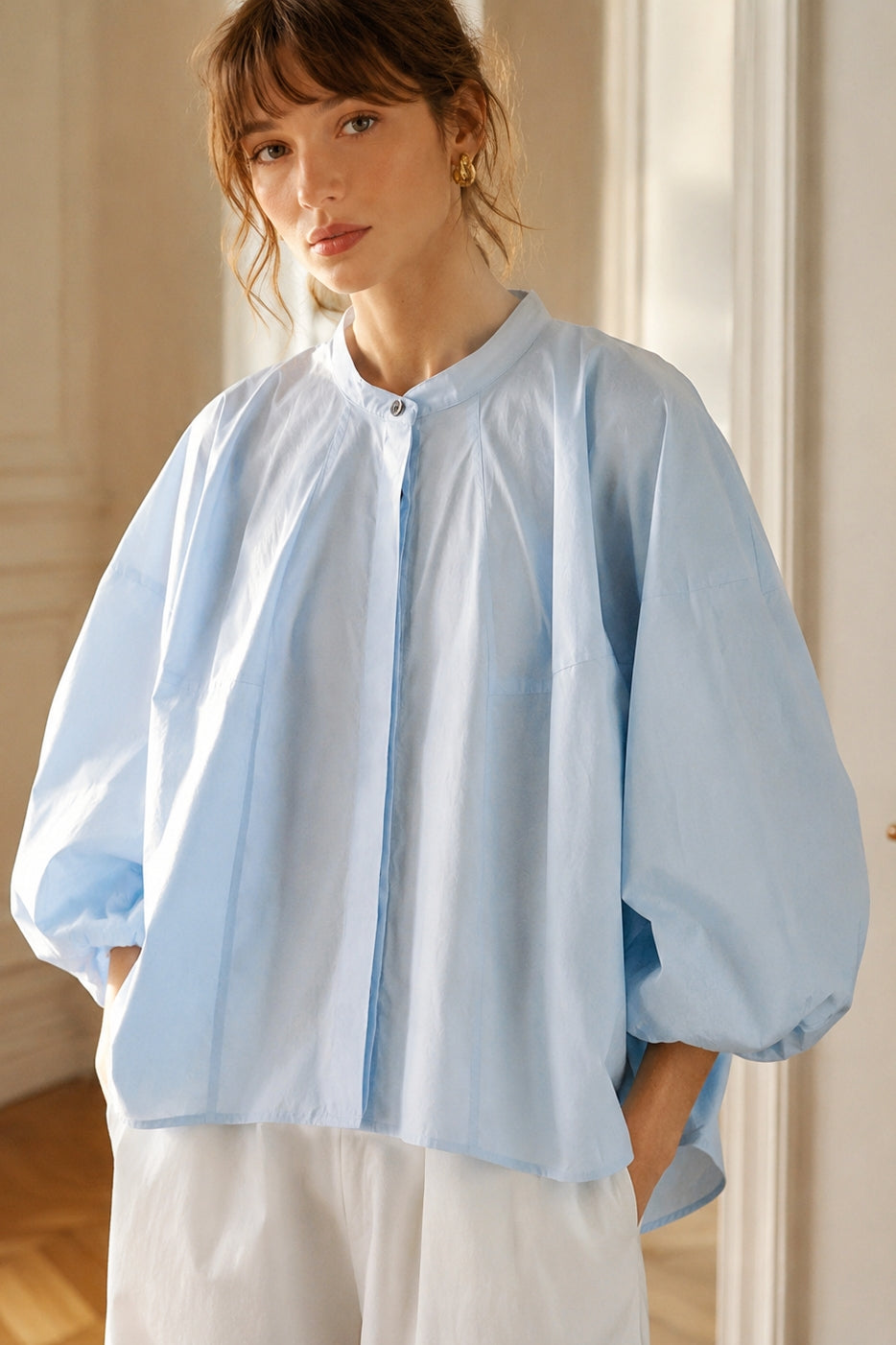 100% cotton puff-sleeve blouse | 2 color