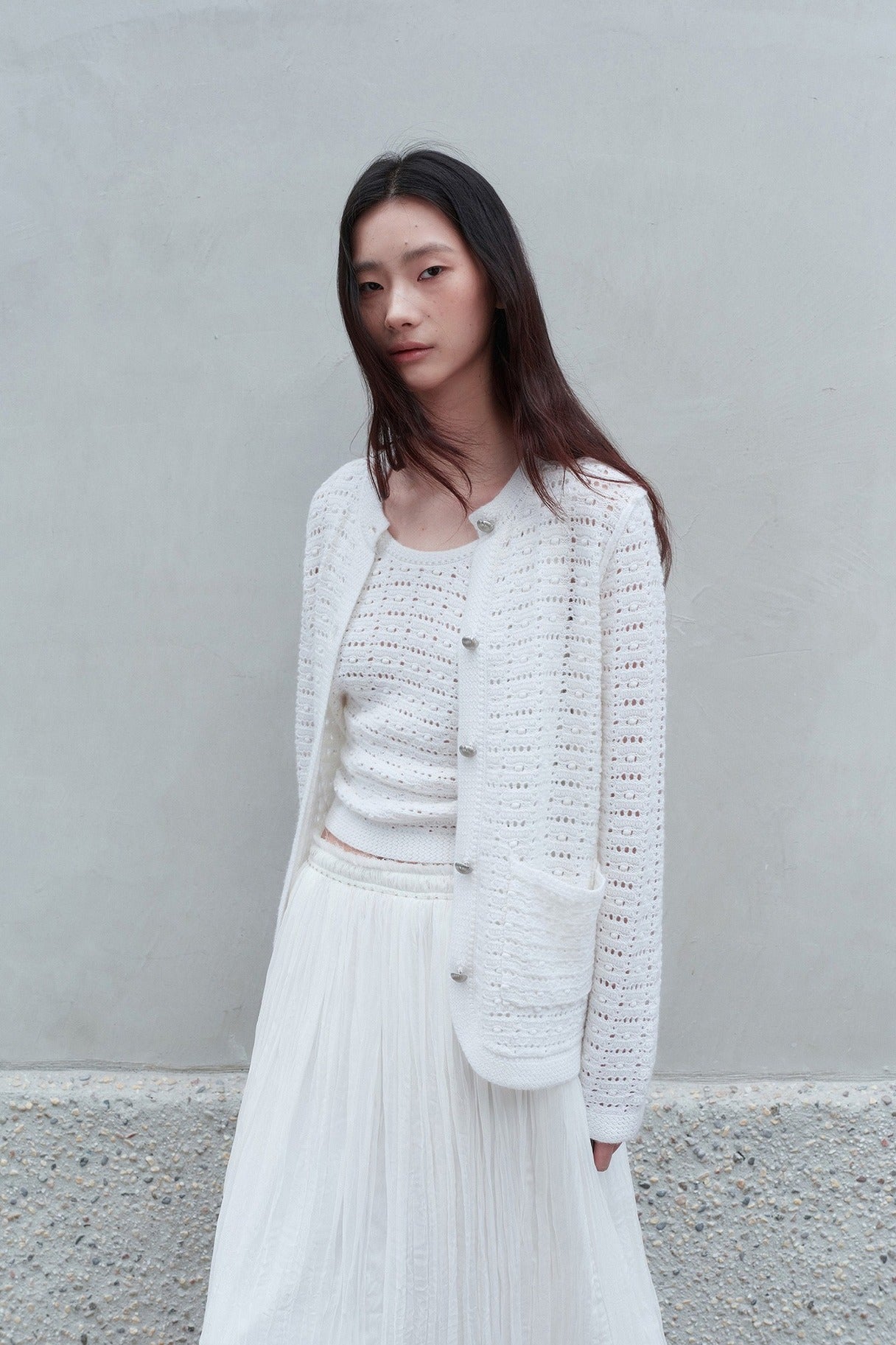 Cárdigan de punto calado en mezcla de lana | 2 colores