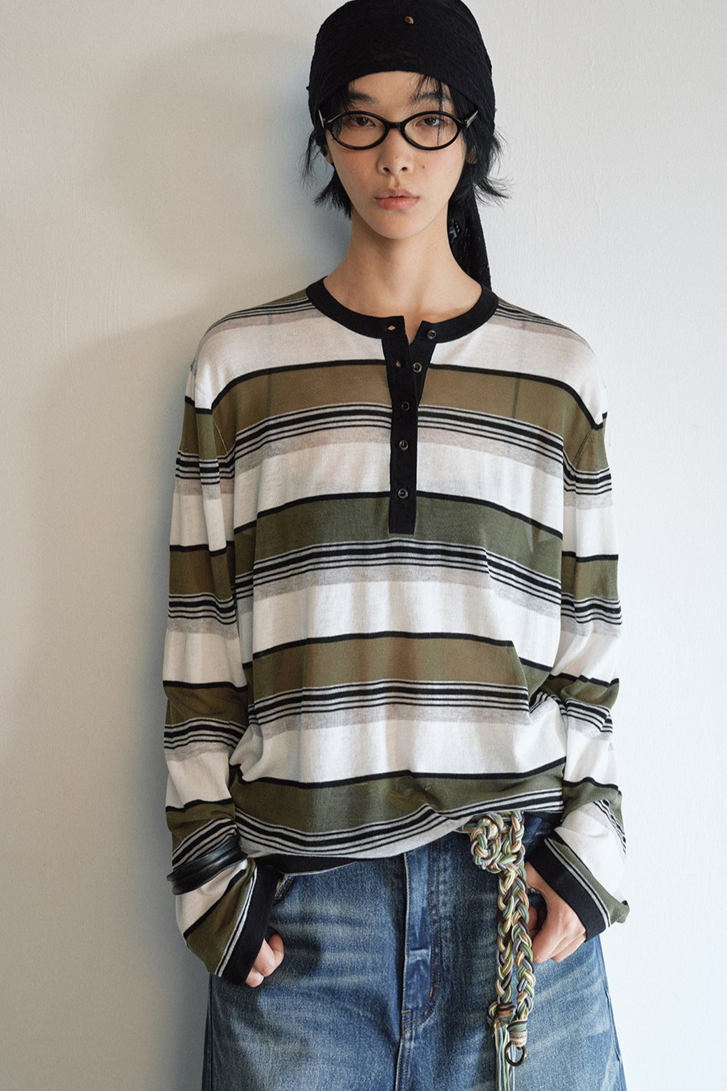 Lightweight slightly sheer stripe knit T-shirt | 4 color