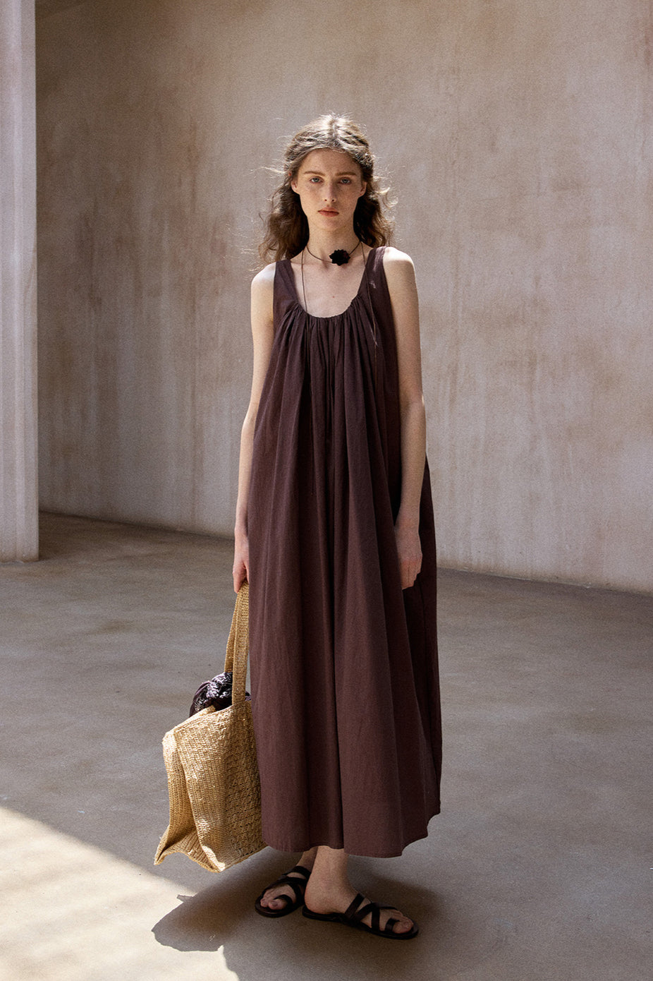 100% cotton pleated U-neck sleeveless dress | 3 color