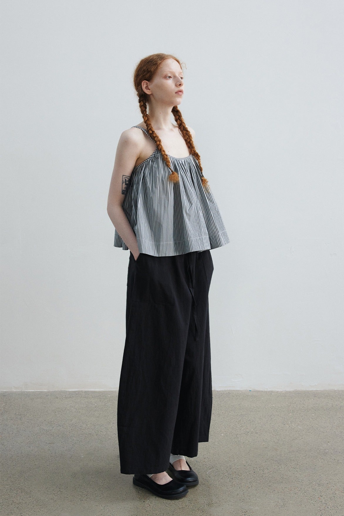 Cotton blend linen sickle shape wide-leg 8/9 pants | 4 color