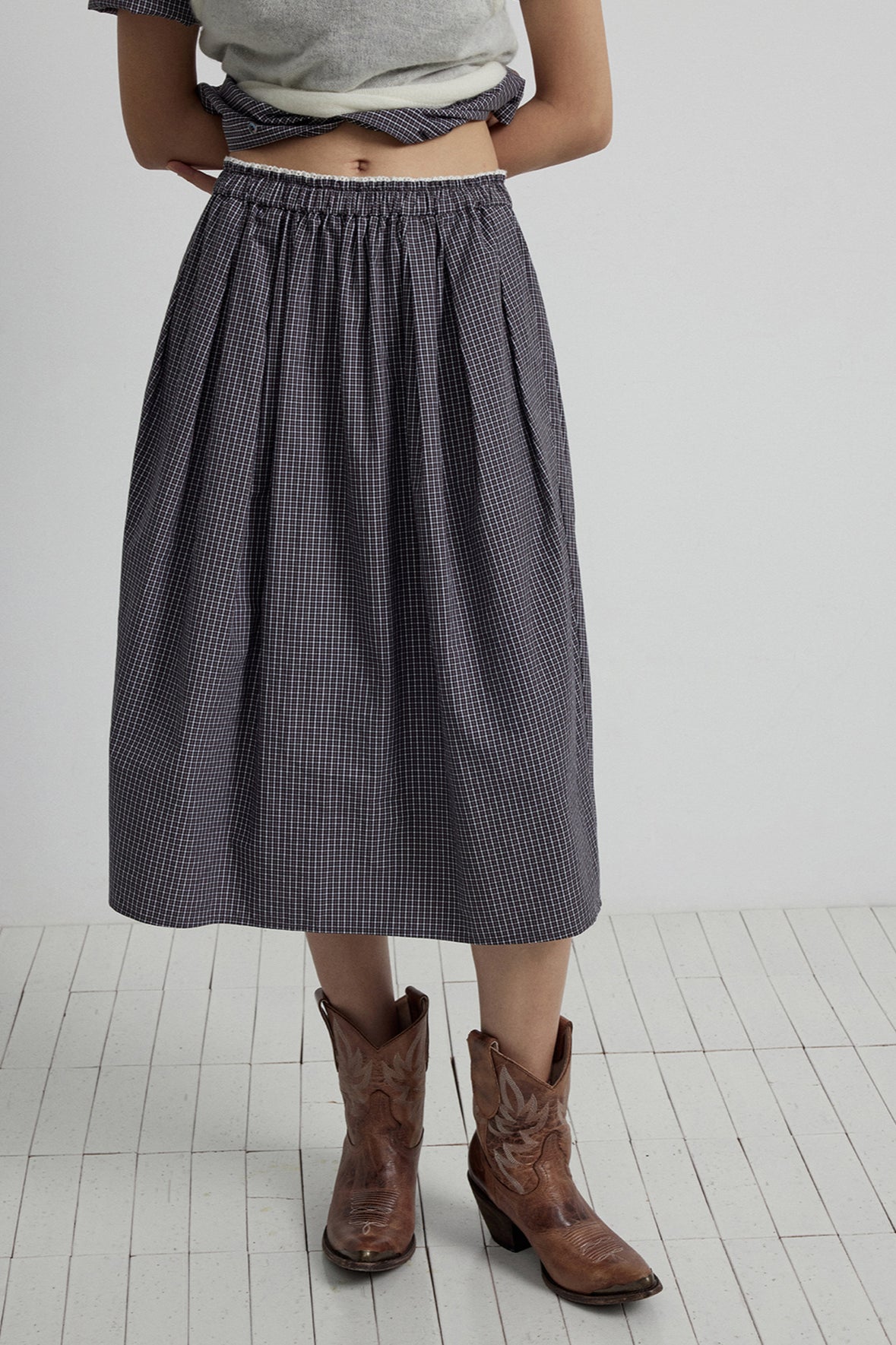 100% cotton laid-back plaid skirt | 2 color