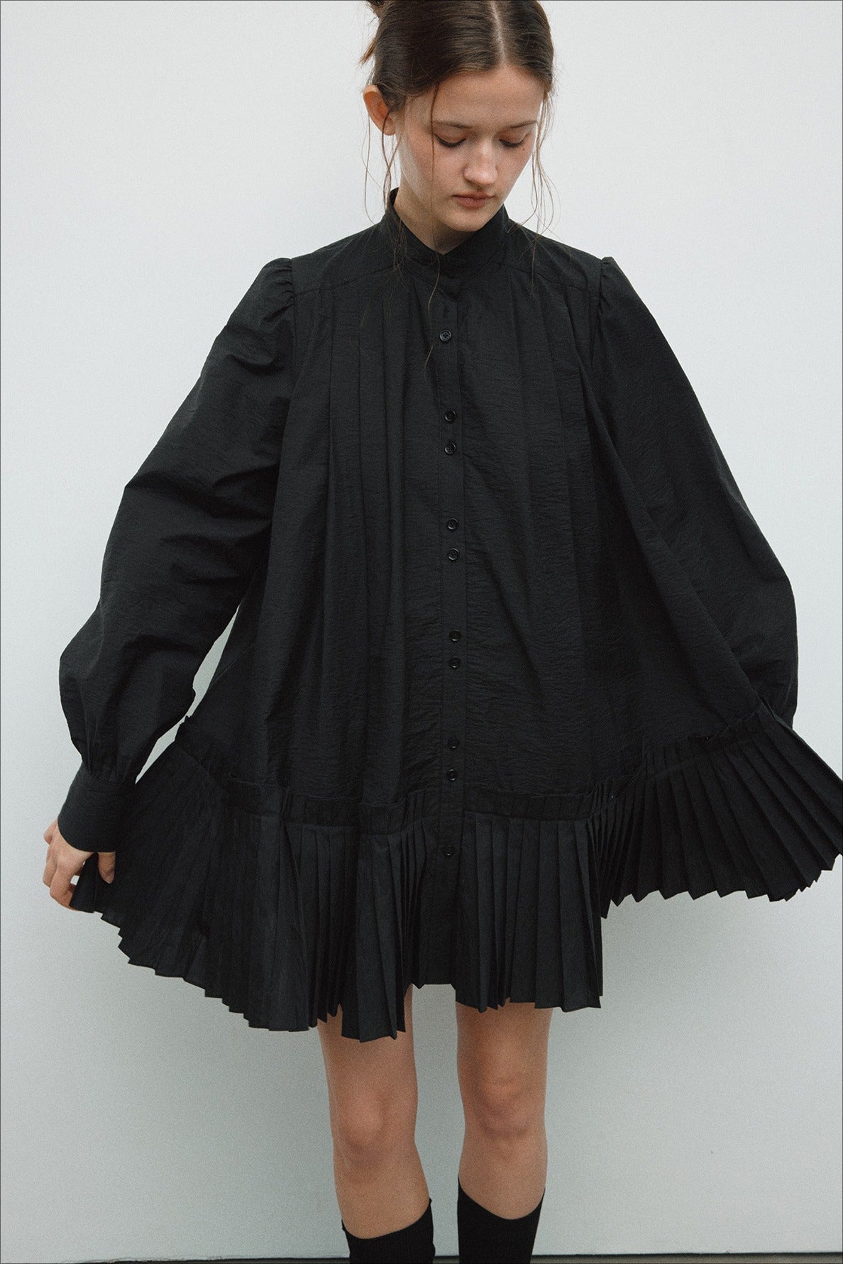 Cotton blend mid-length pleated tail dress | 4 color