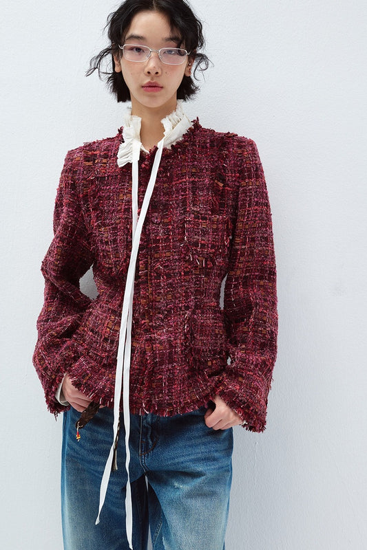 Wool blend cherry-red waisted tweed jacket