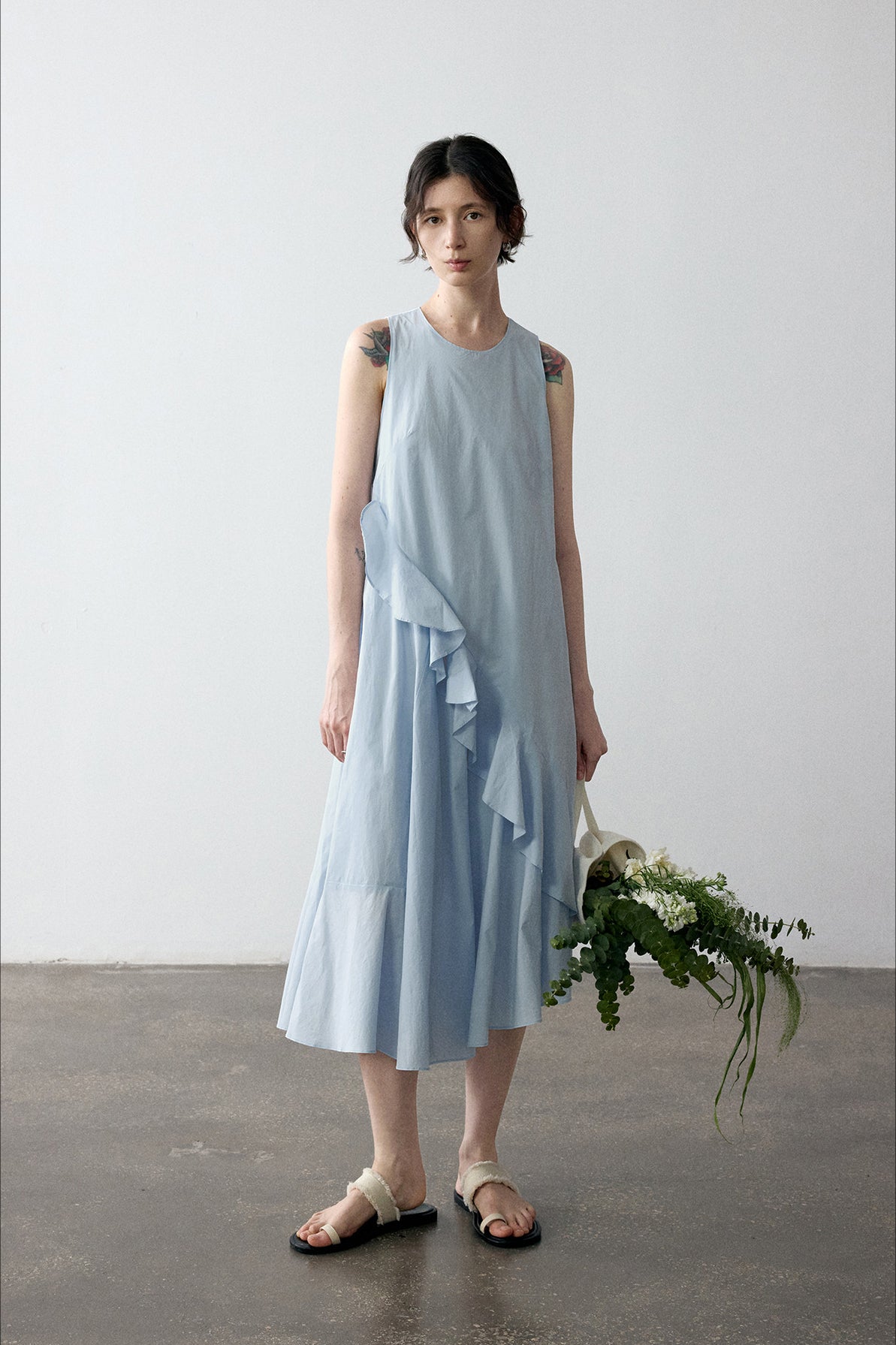 100% cotton ruffled design sleeveless dress | 4 color