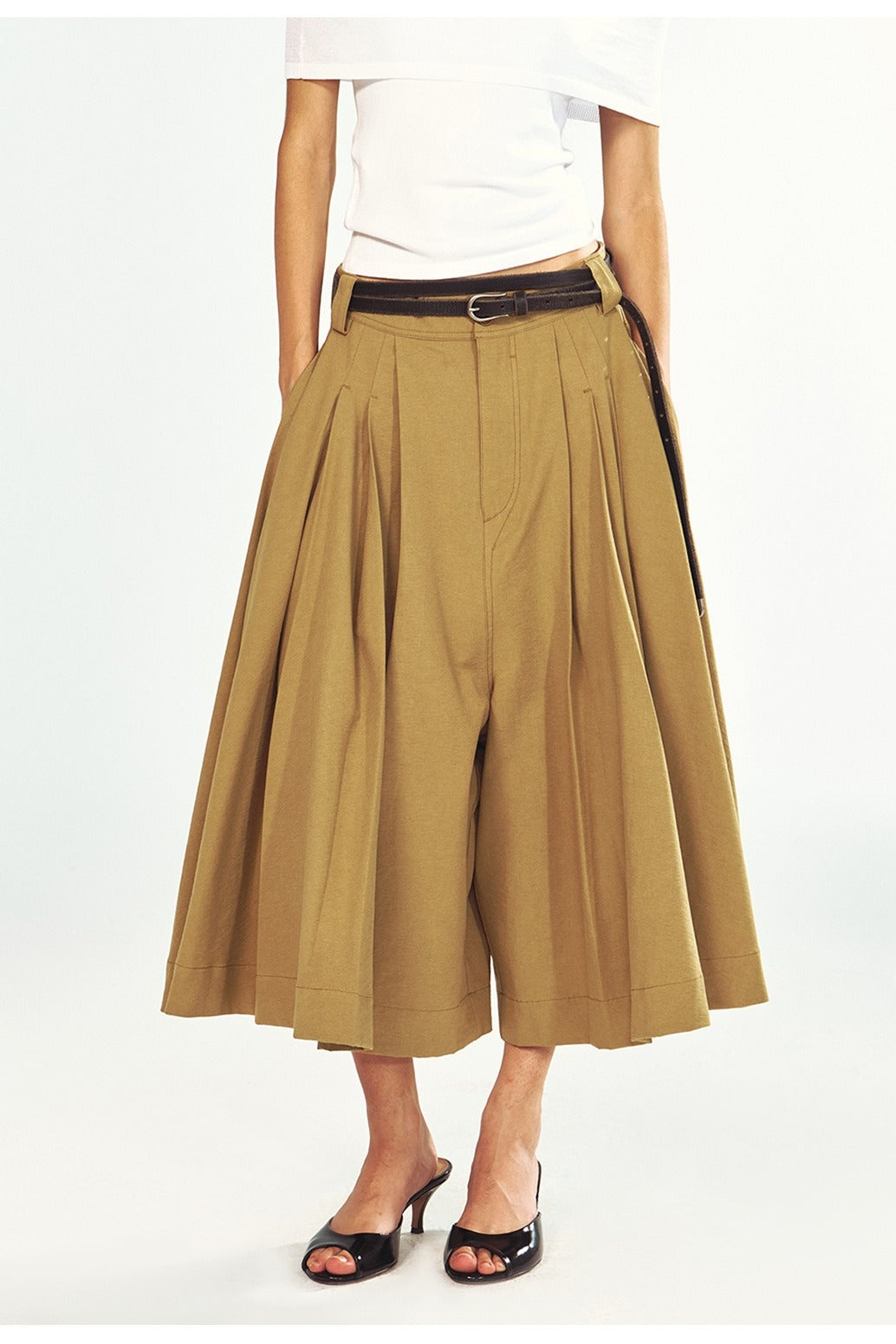 Cotton-blend pleated cropped pants | 3 color