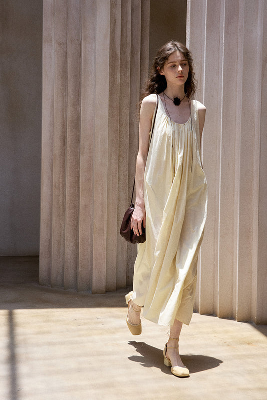 100% cotton pleated U-neck sleeveless dress | 3 color