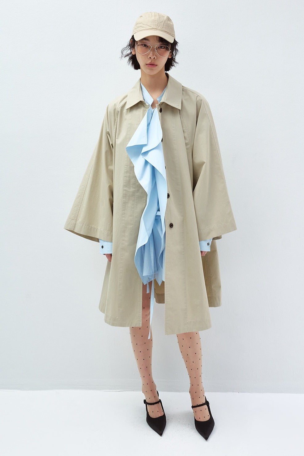 Cotton blend batwing sleeves voluminous trench coat | 3 color