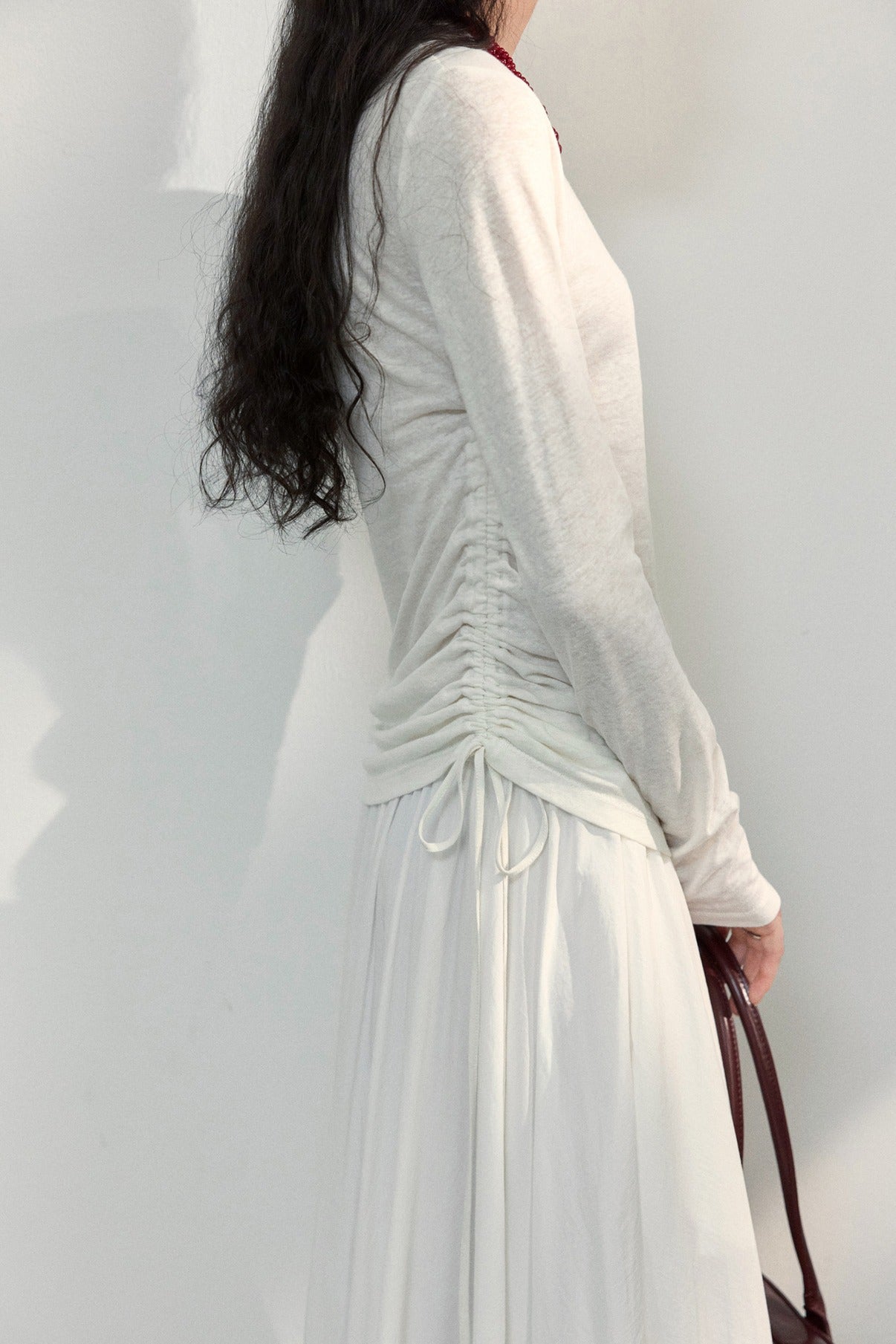 Linen-cotton asymmetric pleated knit top beige