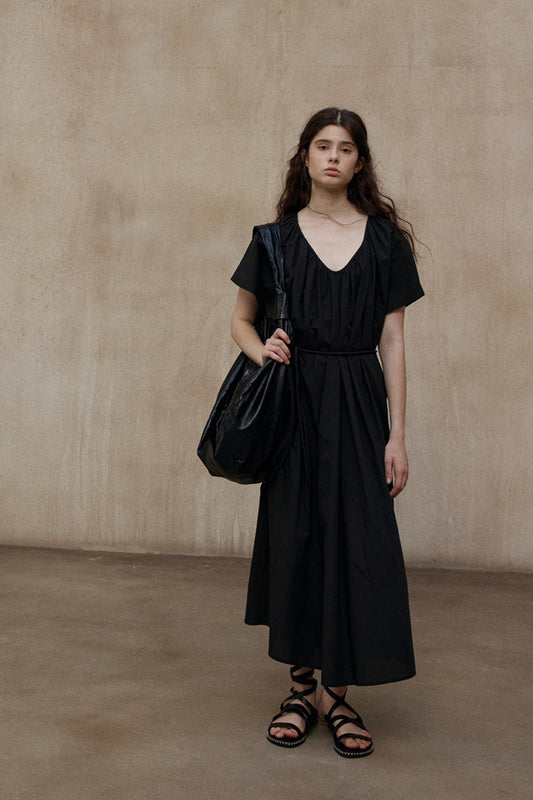 100% cotton pleated V-neck dress | 3 color