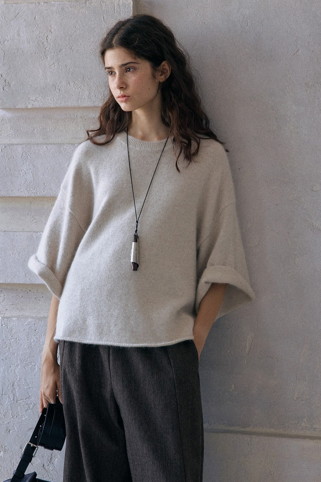 Wool containing loose-fit soft short-sleeve sweater | 3 color