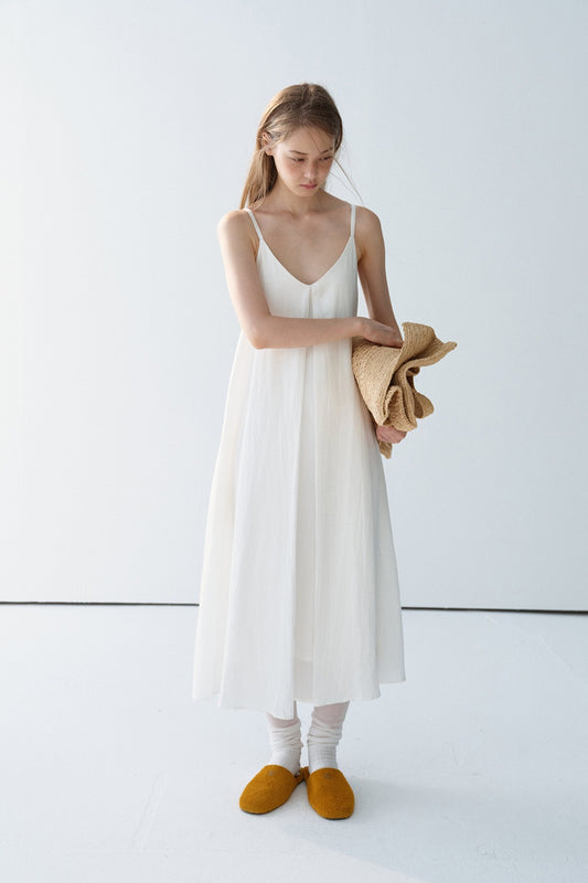 Lyocell blend linen V-neck loose fit strap dress | 3 color