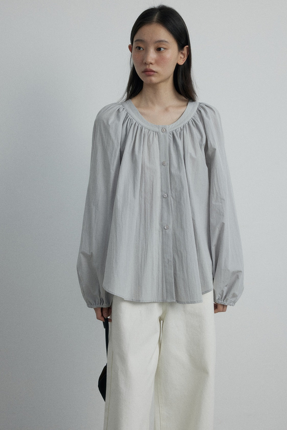 U-Neck Pleated Button-Down Long-Sleeve Shirt | 4 color