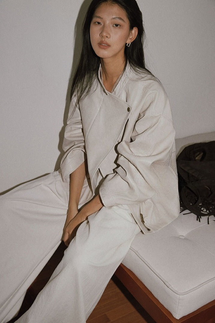 Pure minimalist asymmetric collar PU jacket | 2 color