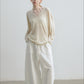 Cotton blend linen sickle shape wide-leg 8/9 pants | 4 color