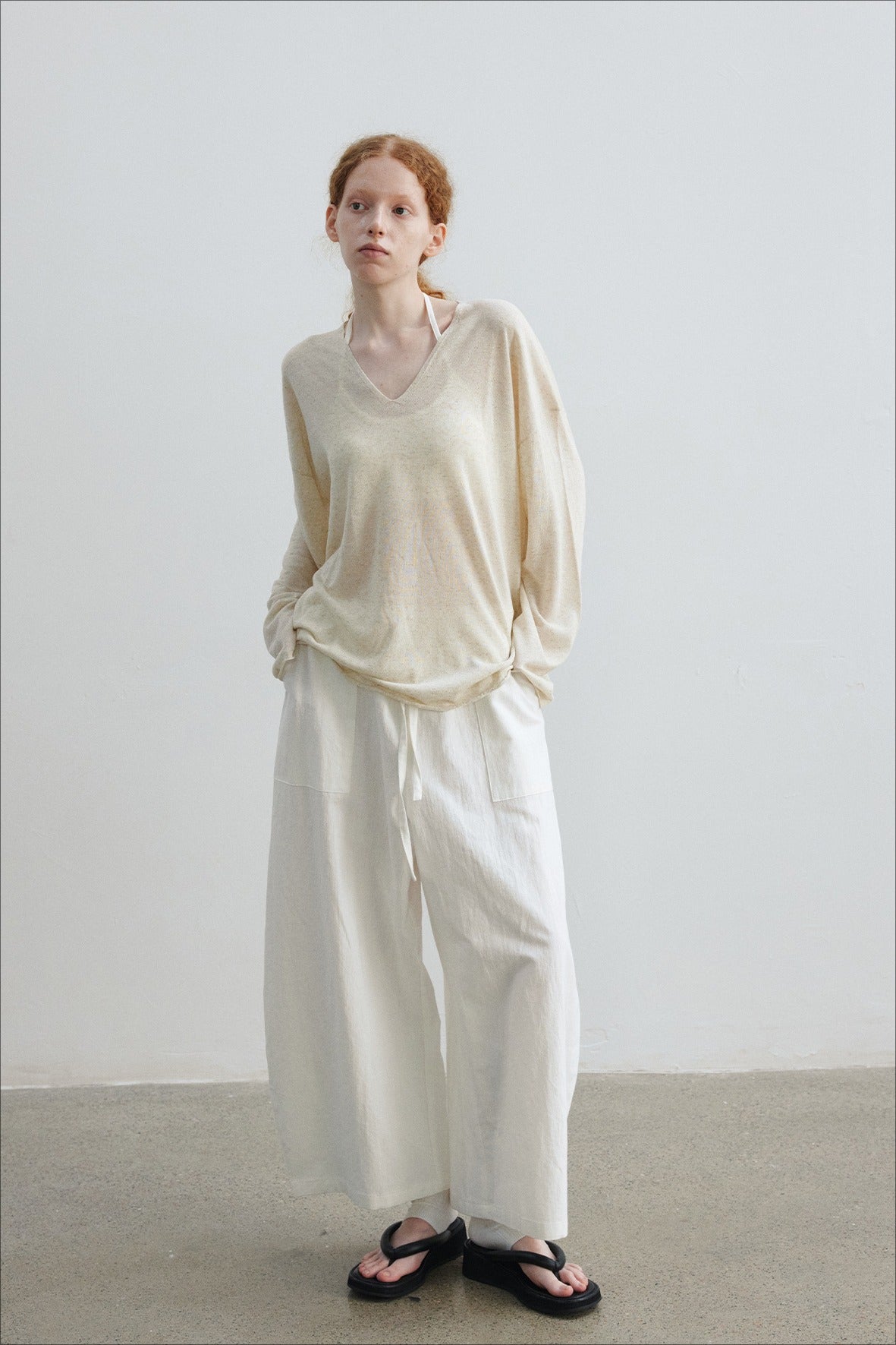 Cotton blend linen sickle shape wide-leg 8/9 pants | 4 color